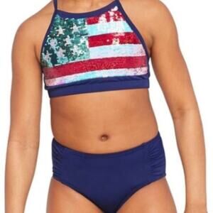 Justice Brand Girl's size 14 American Flag Patriotic Sequin 2 Piece Swimsuit